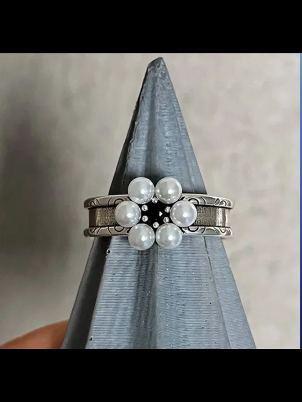 2425-21 Dainty Sterling Silver Faux Pearl Floral Open Ring | Adjustable